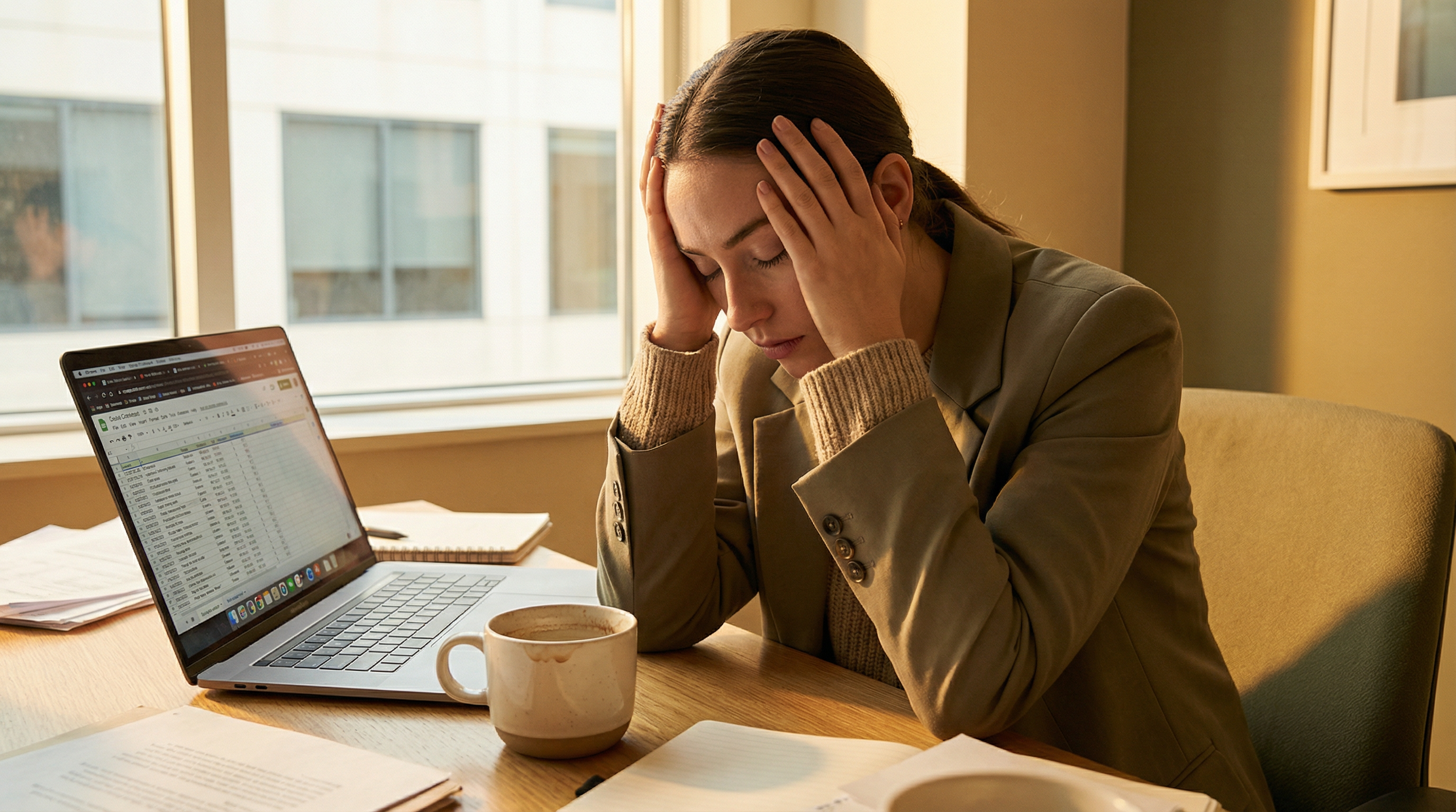 Woman looking exhausted at desk