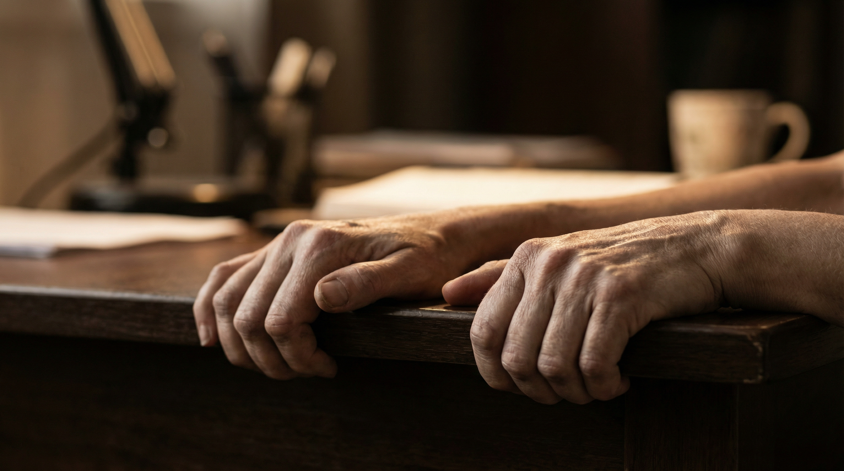 Hands gripping table in tension